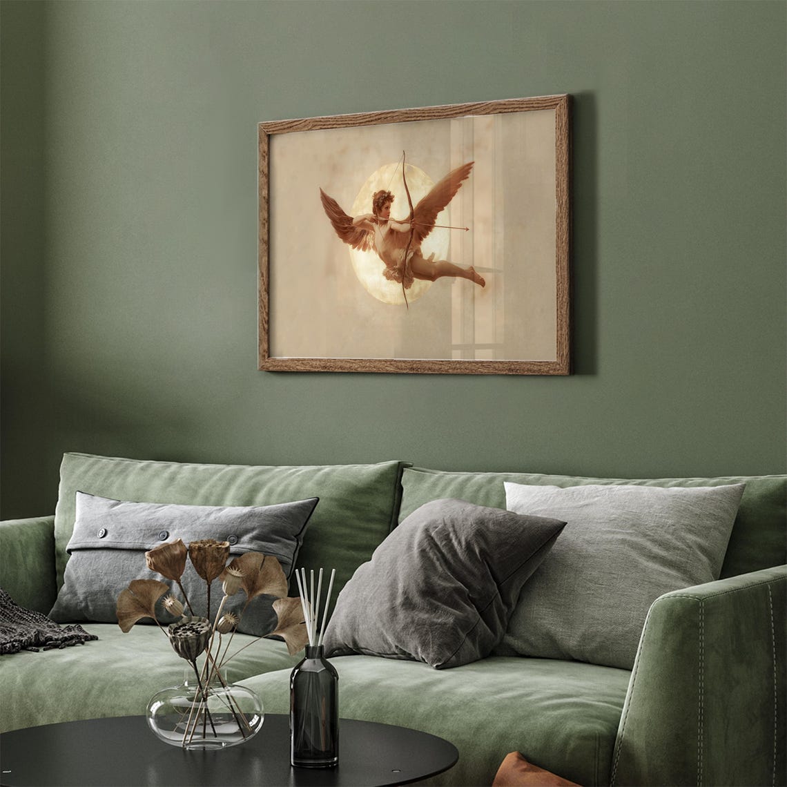Cupid Drawing Bow Before Full Moon Sepia Romantic Angel Poster - Image 3