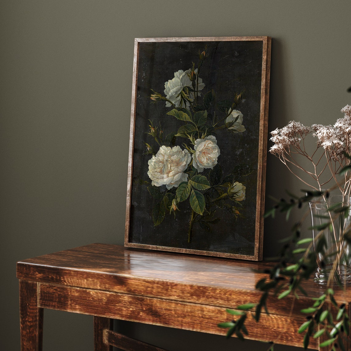 Dark Moody White Rose Stems Dramatic Vintage Botanical Art Poster - Image 7