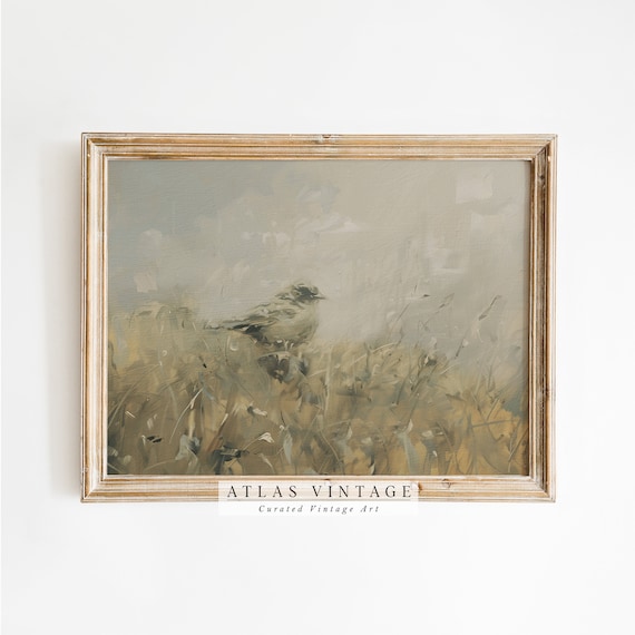 Muted Beige Songbird Meadow Oil Painting Vintage Neutral Field Study Poster