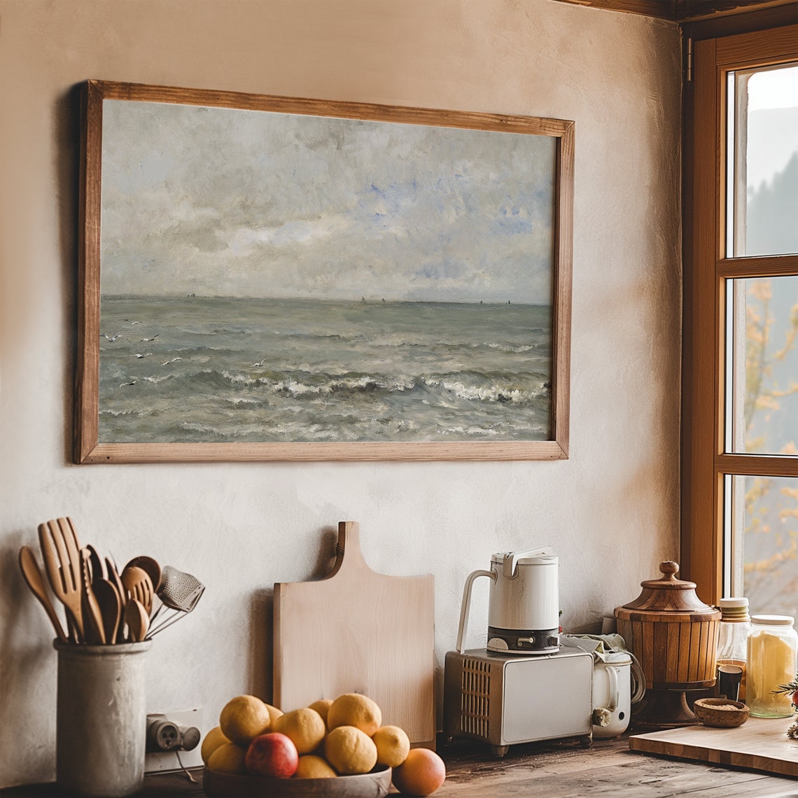 Gray Ocean Seascape With Gulls And Distant Sails Cloudy Sky Poster - Image 7