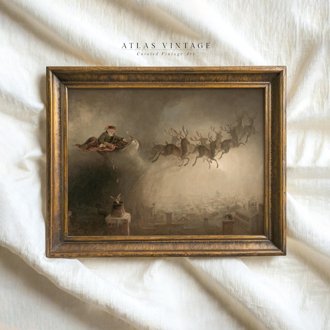 Santa Claus Flying His Sleigh Over a Snowy Town Christmas Poster