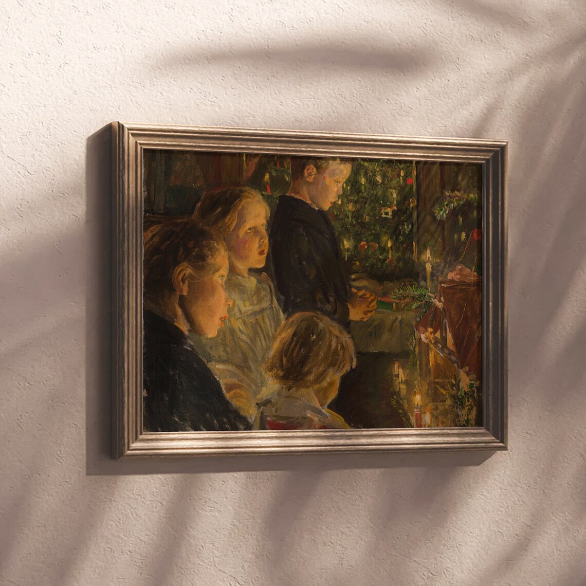 Children Around a Candlelit Christmas Table Vintage Holiday Oil Poster - Image 6