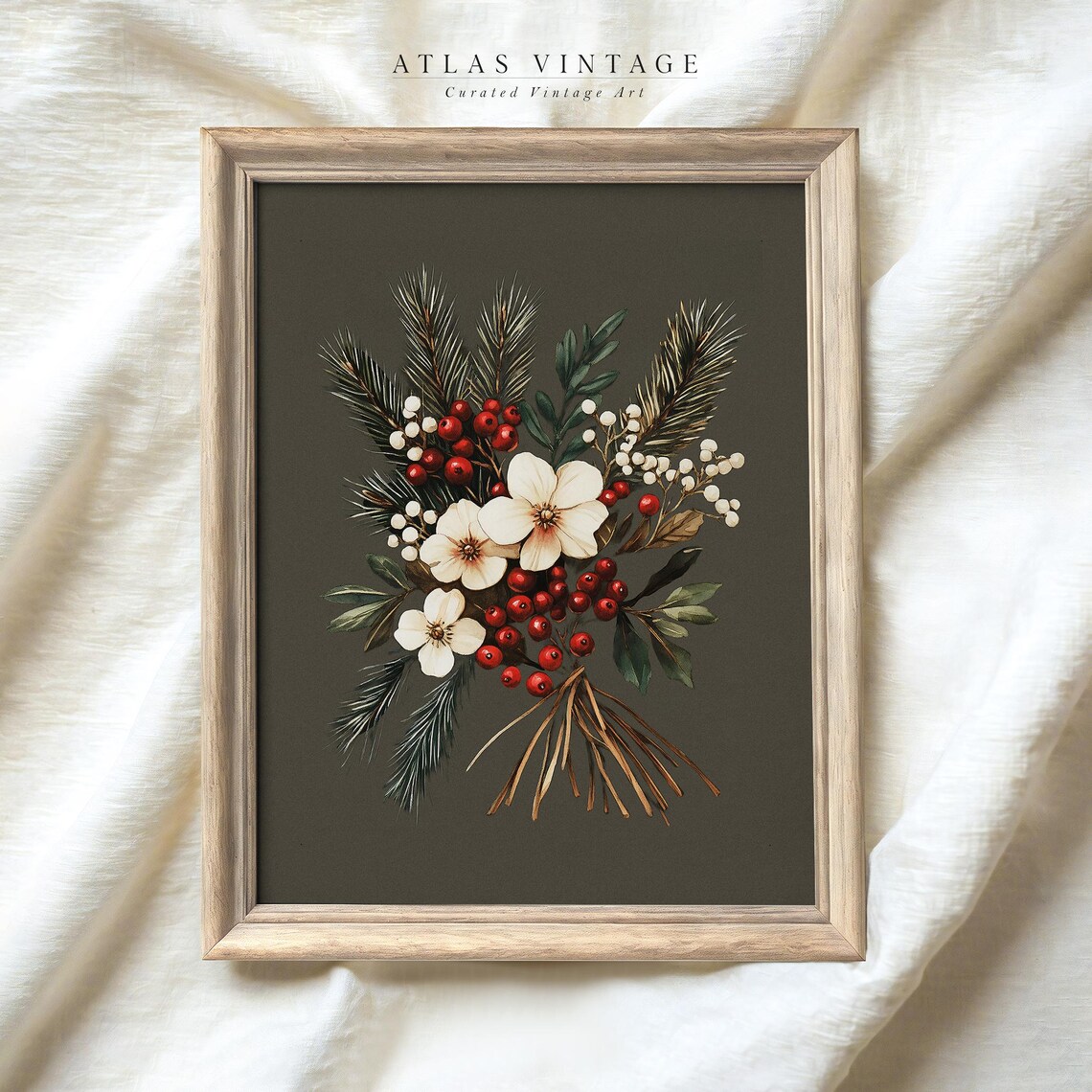 Winter Pine and Red Berry Bouquet Vintage Christmas Floral Poster - Image 3
