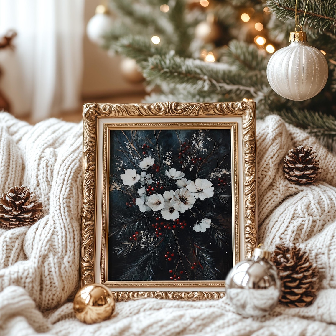 Dark Moody Winter Florals White Blooms Red Berries Evergreen Poster - Image 7