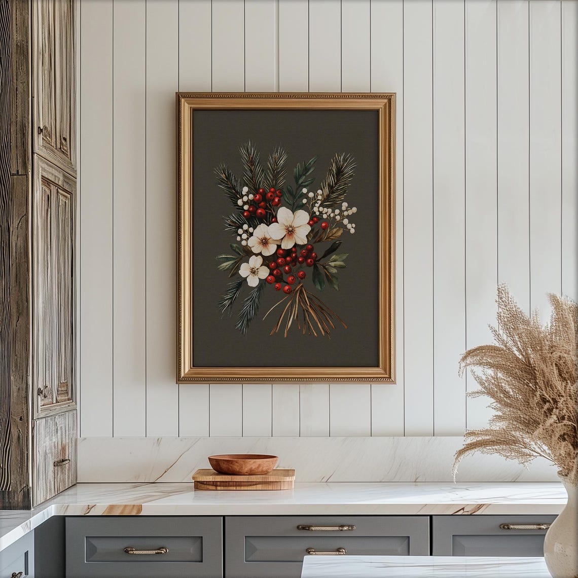 Winter Pine and Red Berry Bouquet Vintage Christmas Floral Poster - Image 4