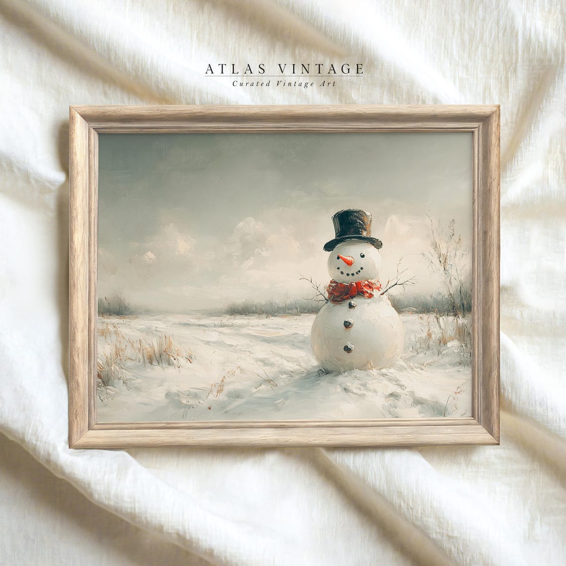 Snowman With Top Hat Red Scarf Vintage Winter Painting Poster