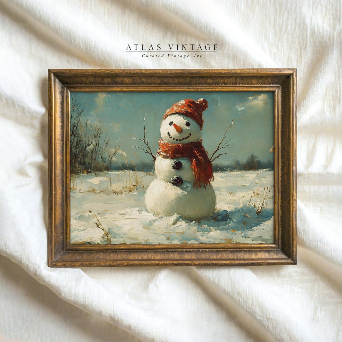 Vintage Snowman Christmas Painting Poster Cozy Winter Xmas Scene