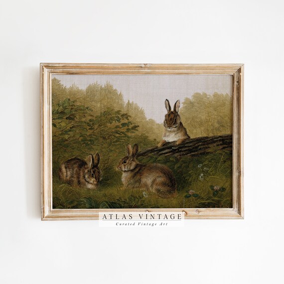 Vintage Woodland Rabbit Painting Antique Easter Bunny Family Art Poster