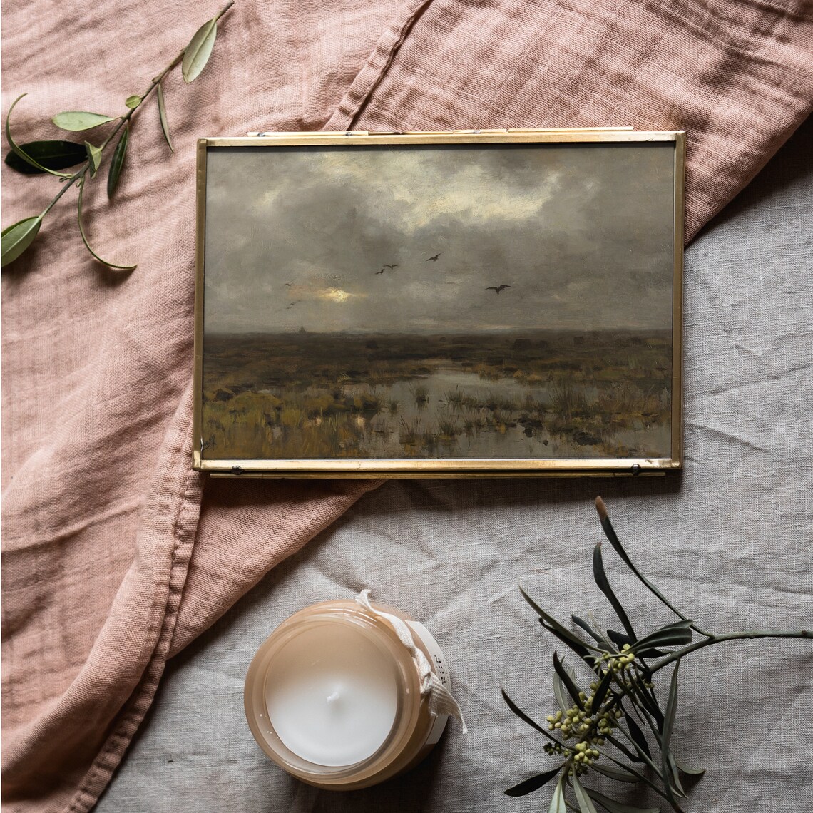 Moody Marsh Sunset Vintage Wetland Birds Flying Dark Evening Poster - Image 2