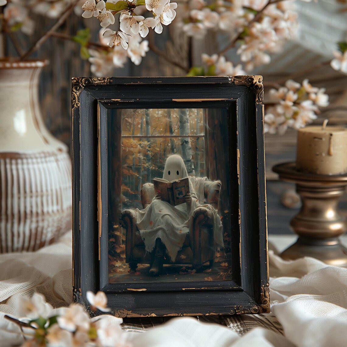 Cute Ghost Reading Book in Armchair by Autumn Window Vintage Poster - Image 6