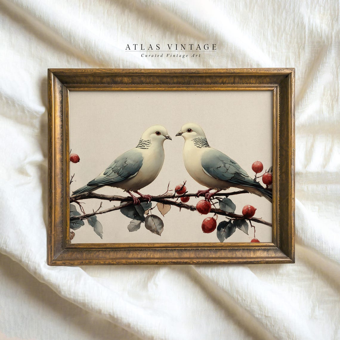 Two Doves on Winter Berry Branch Facing Each Other Art Poster - Image 4