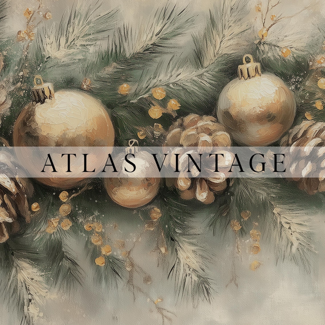 Vintage Christmas Garland Pinecones Gold Ornaments Winter Poster - Image 2