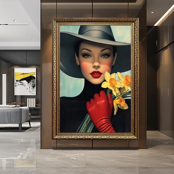 Vintage Glamour Portrait Canvas Woman With Hat Red Gloves Daffodils