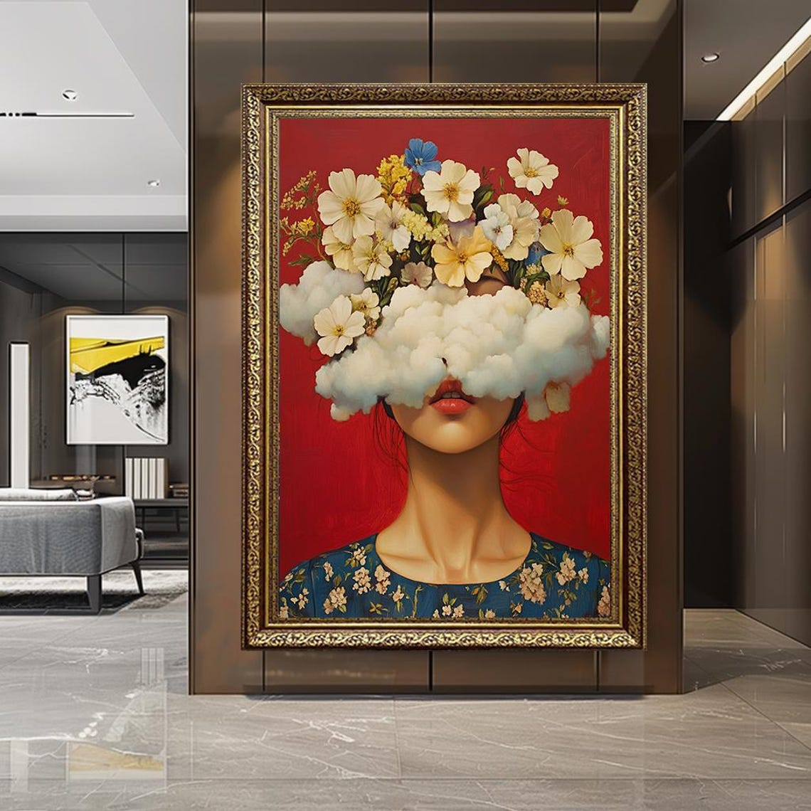 Cloud Veil Floral Woman Surreal Red Background Portrait Canvas Poster