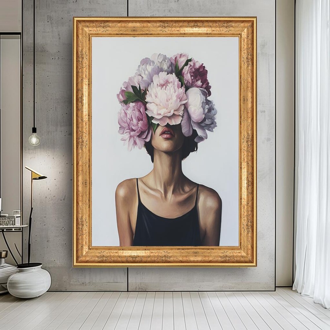 Woman Wearing Pink Peony Flower Crown Modern Minimalist Poster