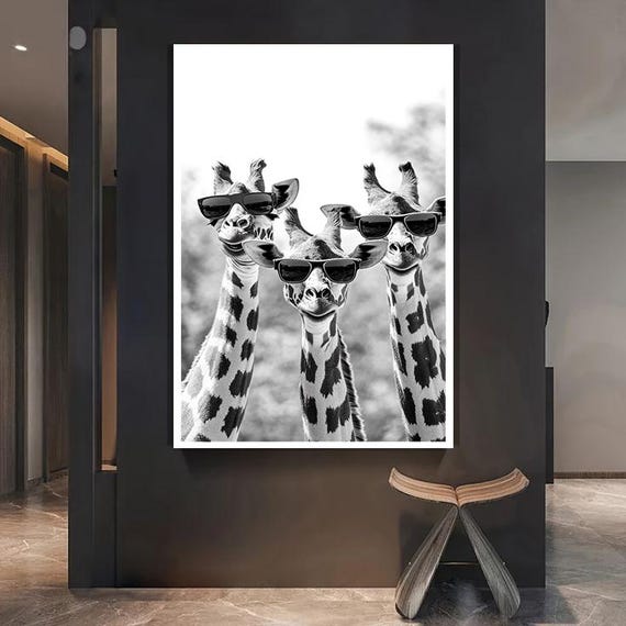 Funny Giraffe Canvas Wall Art Cool Safari Animals With Sunglasses Black And White Jungle Print For Living Room Or Kids Decor