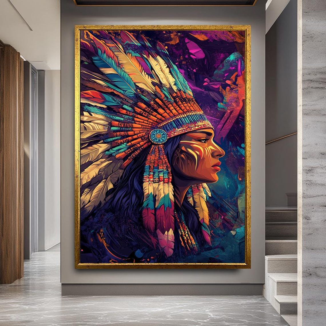 Native Woman Feathered Headdress Colorful Vibrant Portrait Art Poster