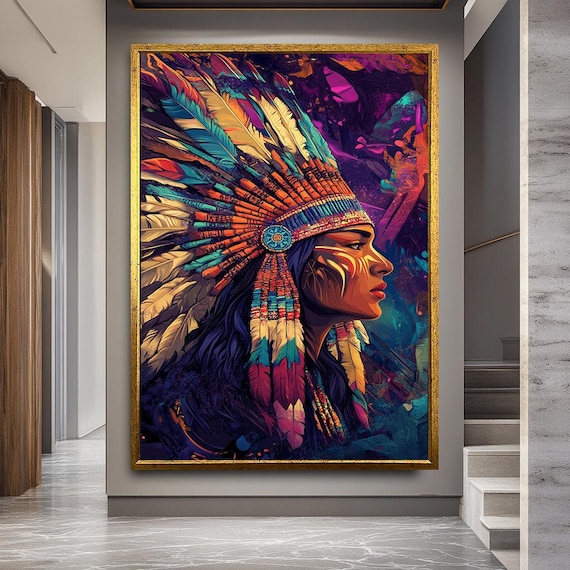 Native Woman Feathered Headdress Colorful Vibrant Portrait Art Poster