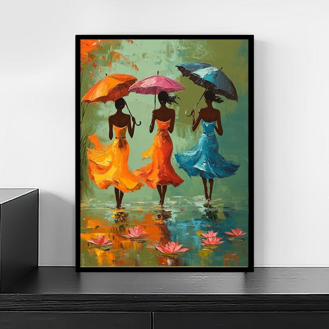 Three African Women With Umbrellas Colorful Watercolor Poster