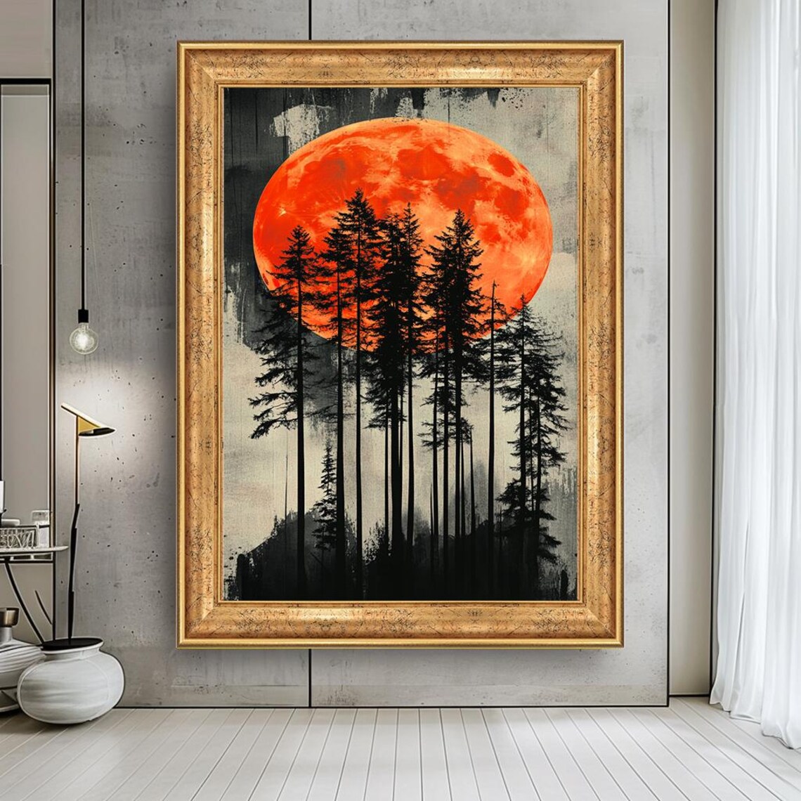 Giant Red Blood Moon Over Pine Forest Silhouette Dramatic Nature Poster
