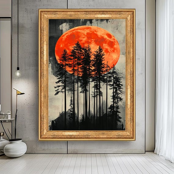 Red Moon Forest Canvas Print Dramatic Silhouette Landscape Wall Art