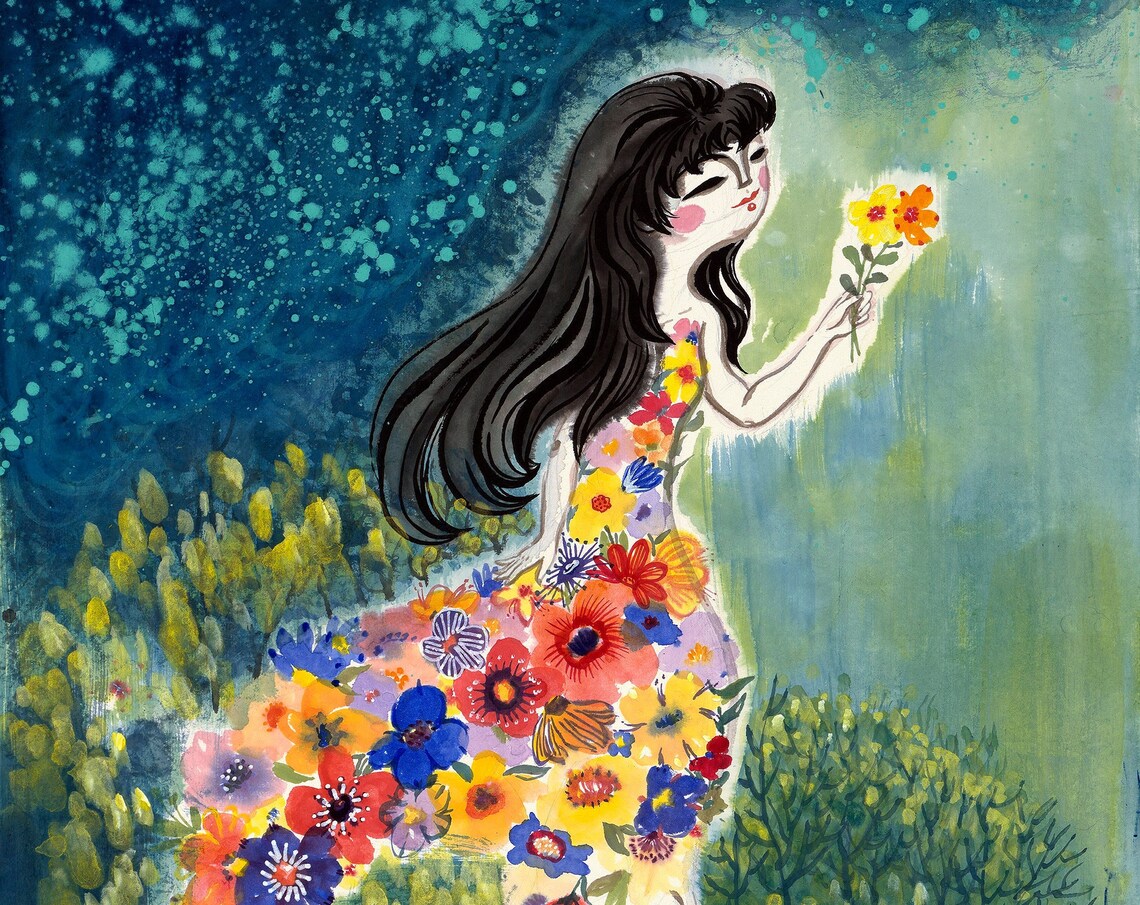 Girl In Floral Dress Holding Blossoms Night Garden Dreamy Poster