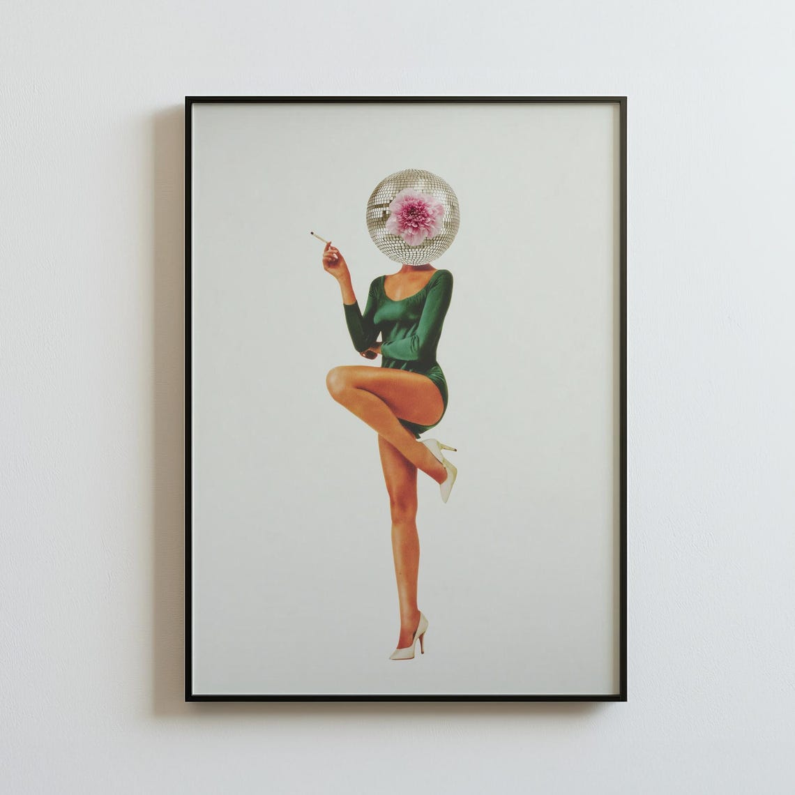 Disco Ball Head Surreal Woman Smoking Retro Collage Artwork Poster