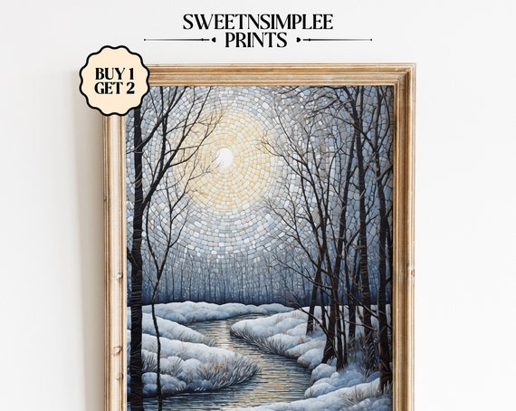 Snowy Winter Landscape Wall Art Moon And Snow In A Frozen River Glass Mosaic Style Winter Night Textured Illustration Art