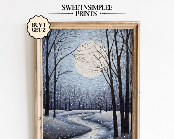 Full Moon Mosaic Poster Snowy Winter Forest Night Landscape Decor