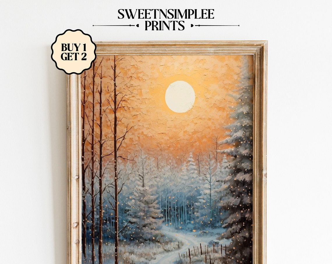 Snowy Forest Sunset Poster Golden Sky Winter Landscape Painting