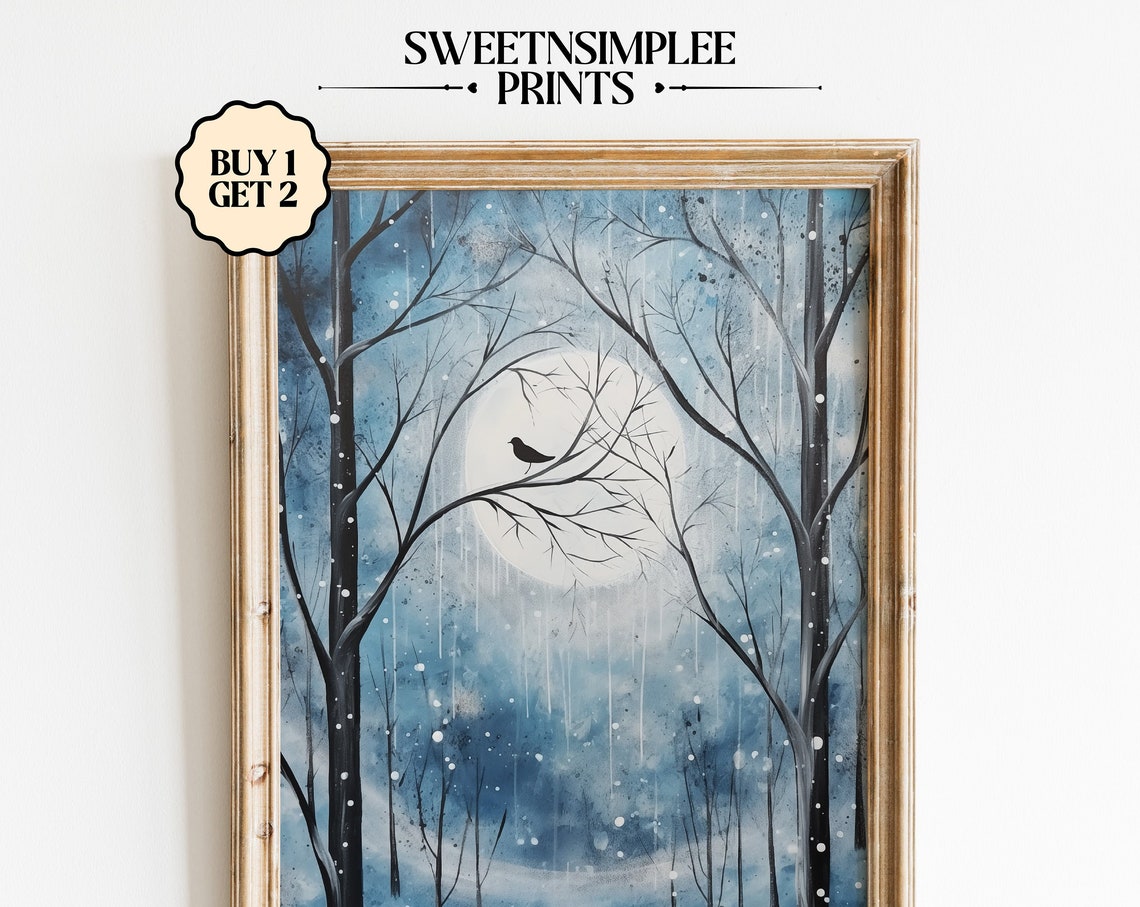 Winter Bird on Snowy Branch Poster Moonlit Blue Forest Night Decor