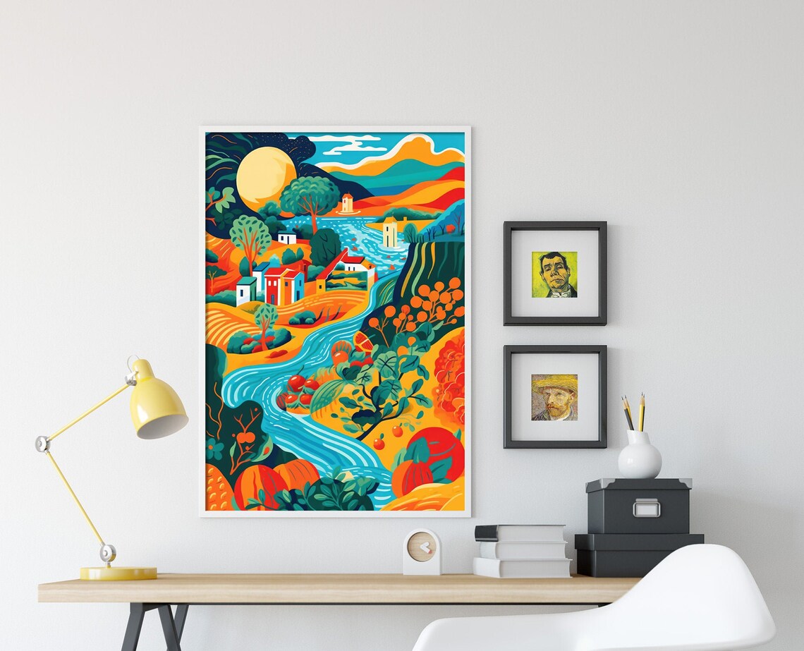 Colorful Italy Countryside Village River Sun Folk Landscape Poster - Image 4