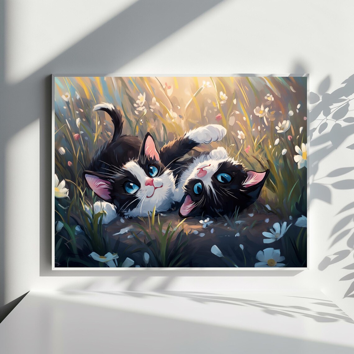 Two Tuxedo Kittens Playing in a Flower Meadow Painting Poster