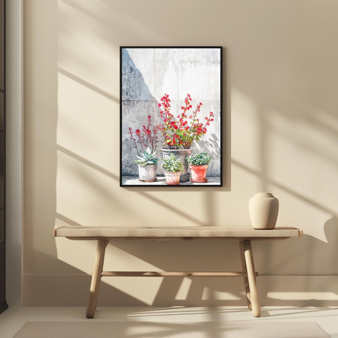 Potted Plants Watercolor Red Bougainvillea Sunny Still Life Wall Art