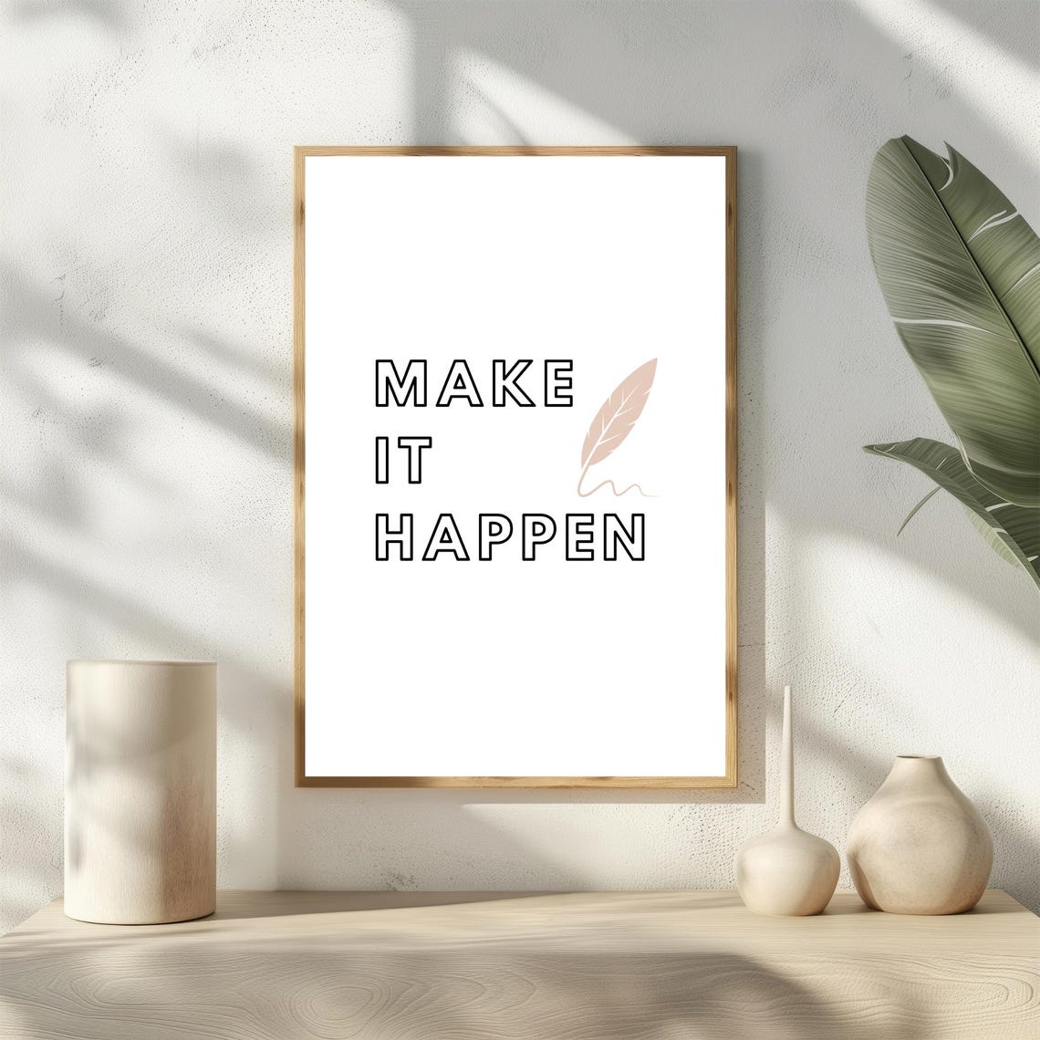 Make It Happen Bold Typography Feather Accent Motivational Wall Art