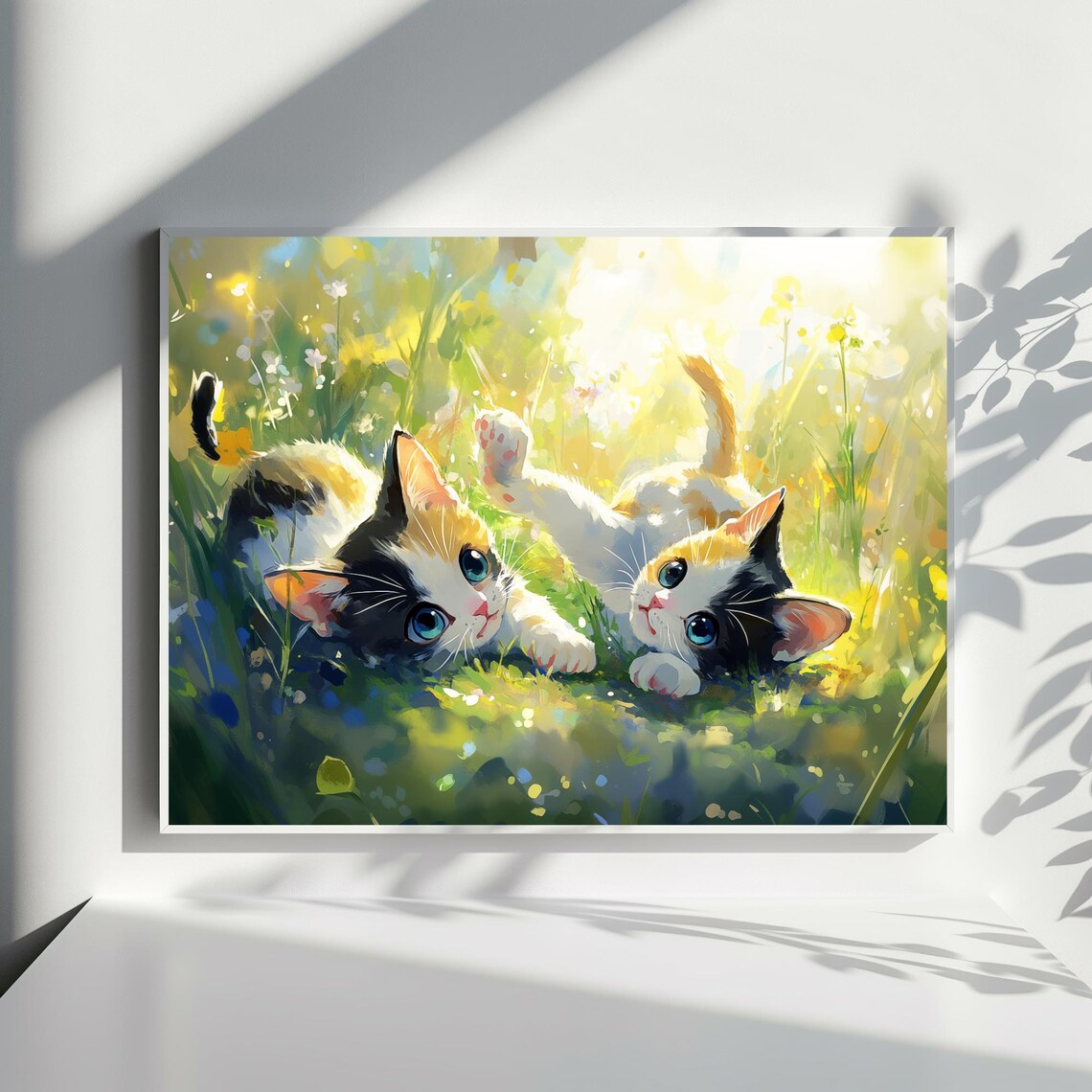 Two Playful Calico Kittens in Sunny Wildflower Meadow Poster