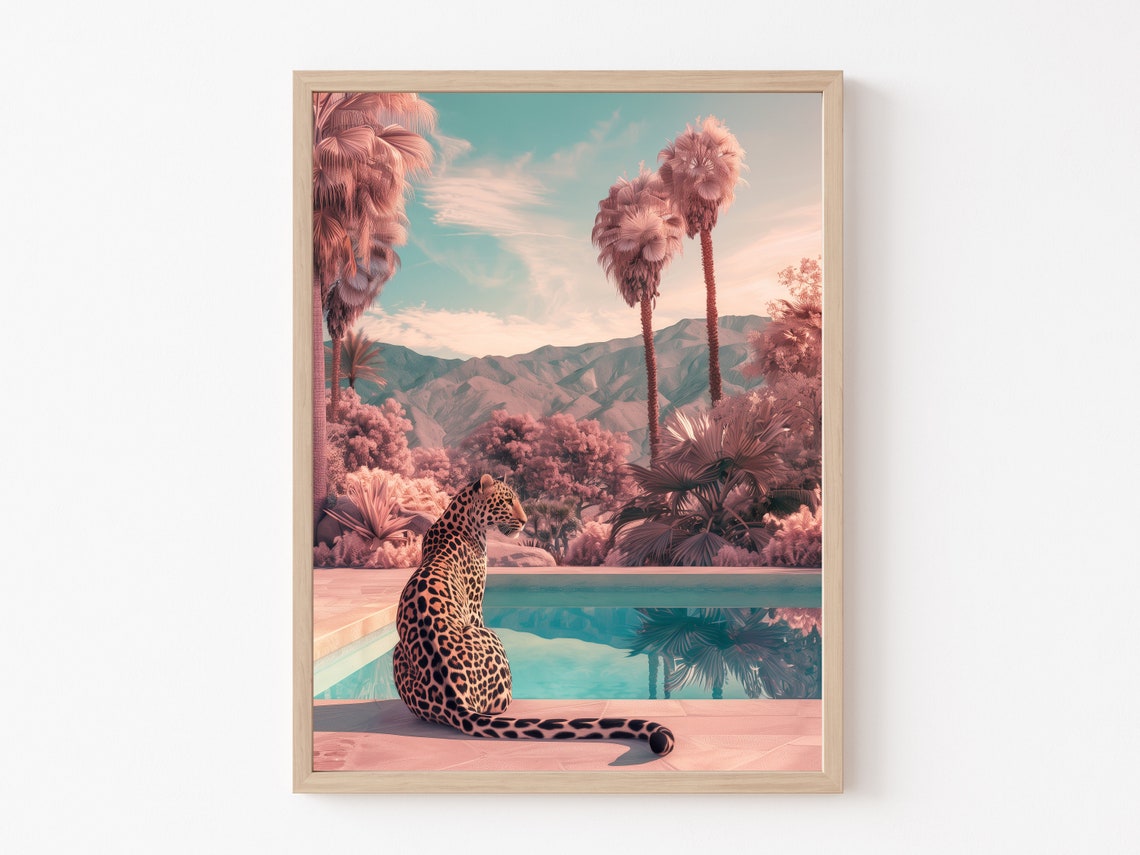Dreamy Leopard Sitting at a Pool Overlooking Pink Palms Poster