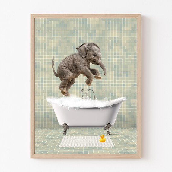 Baby Elephant Leaping Into Bubble Bathtub Funny Bathroom Wall Art