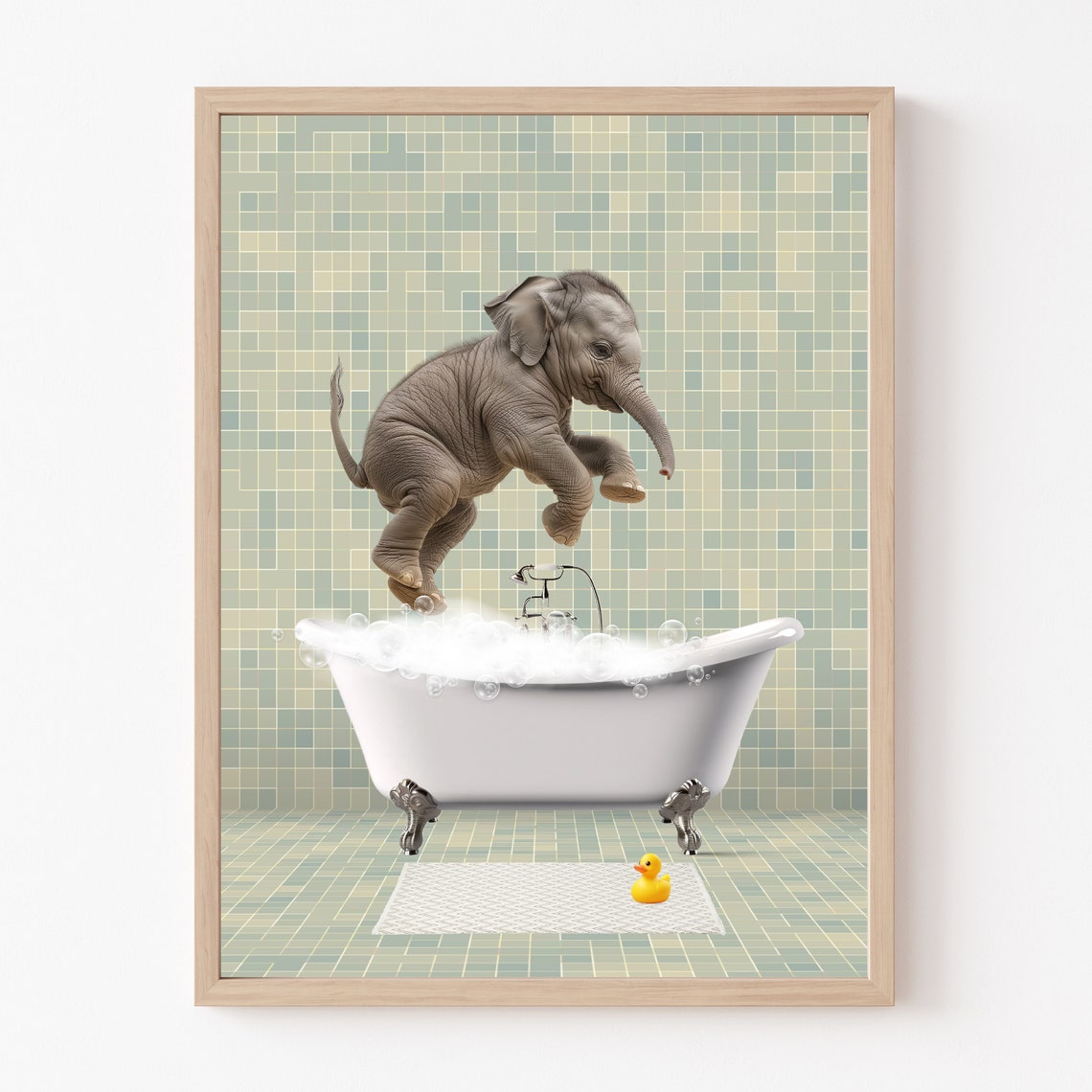 Baby Elephant Leaping Into Bubble Bathtub Funny Bathroom Wall Art