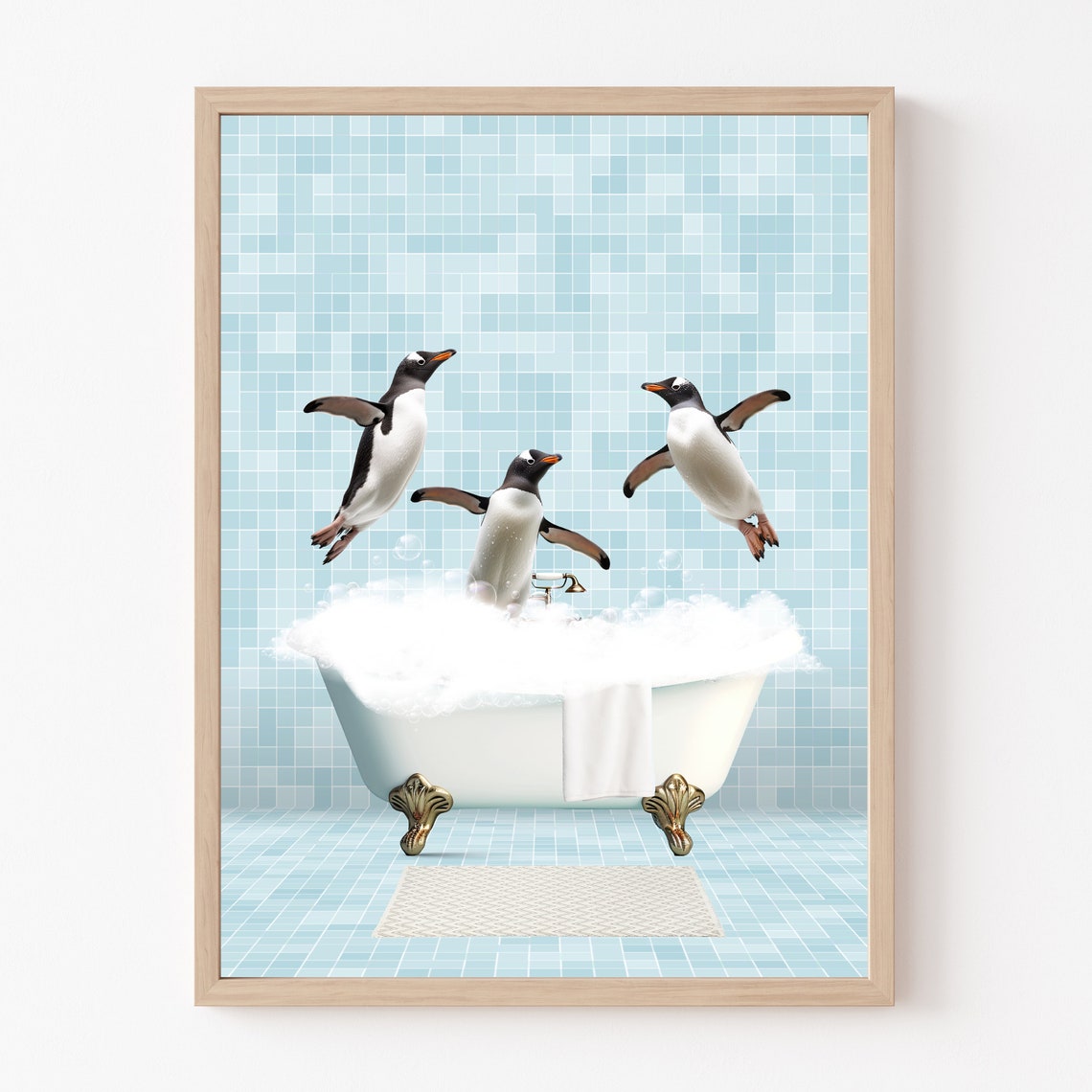 Penguins Diving Into Vintage Bubble Bath Funny Bathroom Poster