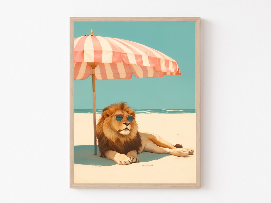 Lion On The Beach, Mid-Century Modern Art Print