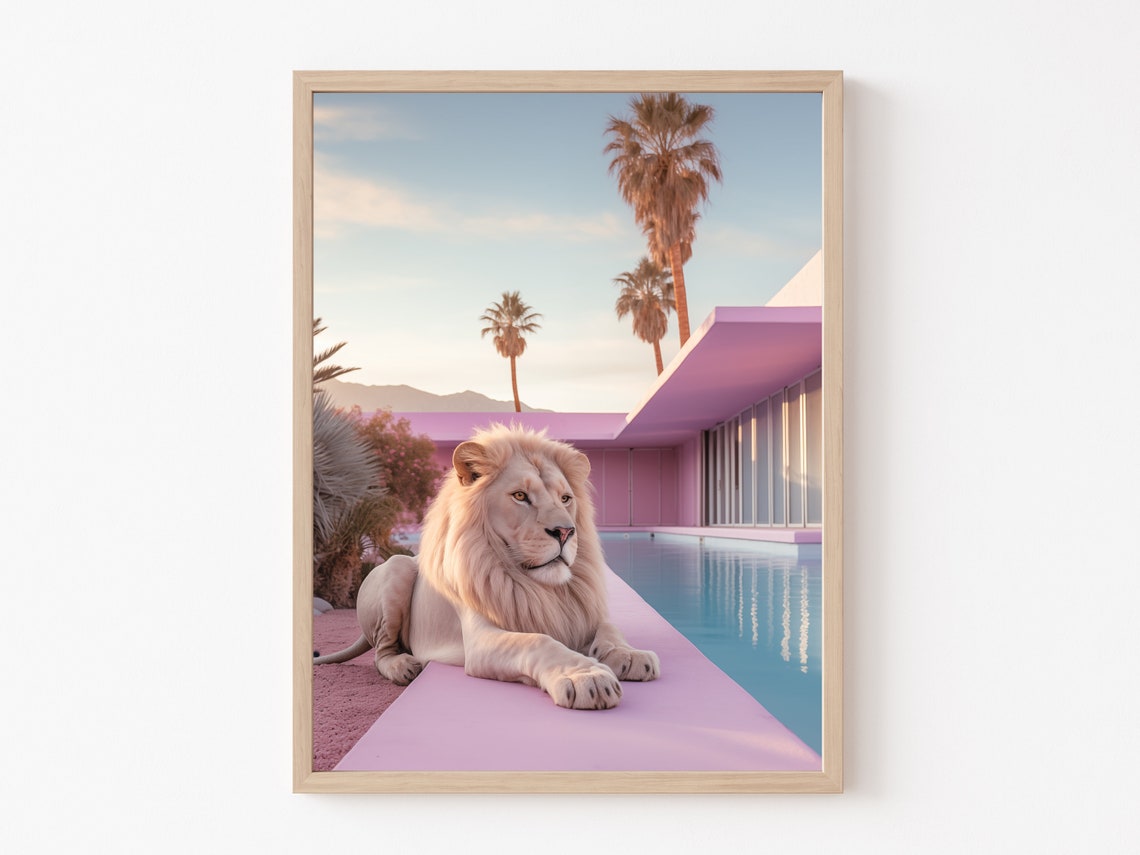 Surreal White Lion Lounging by a Pink Modern Villa Pool Poster