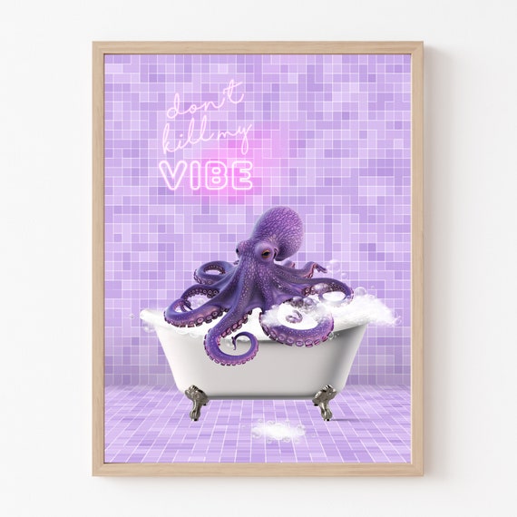 Purple Octopus In Vintage Bathtub Poster Art Octopus Purple Octopus In Bathtub Art Print