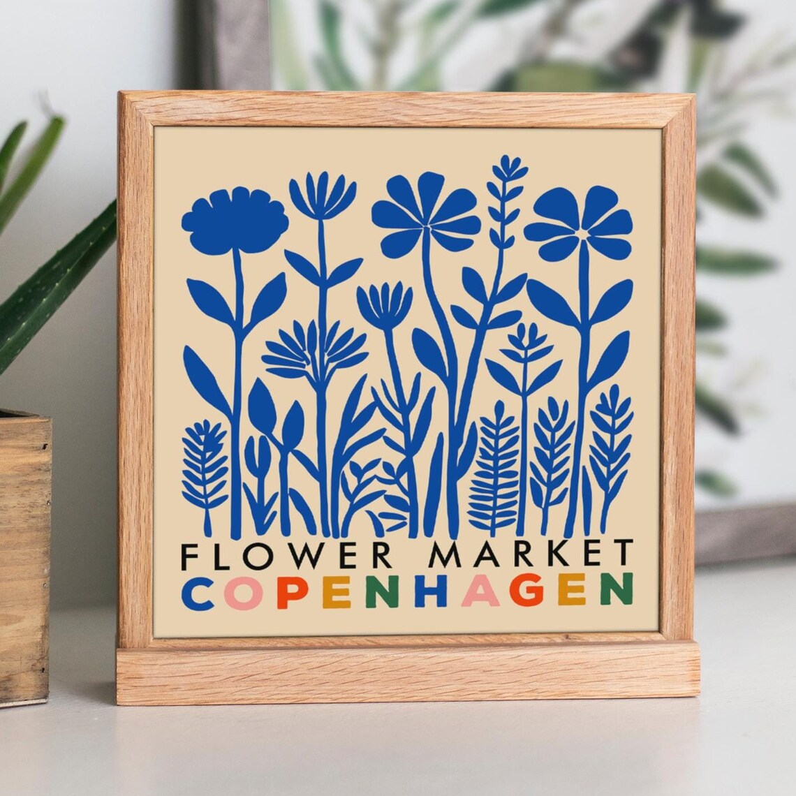 Copenhagen Flower Market Blue Floral Scandinavian Retro Poster