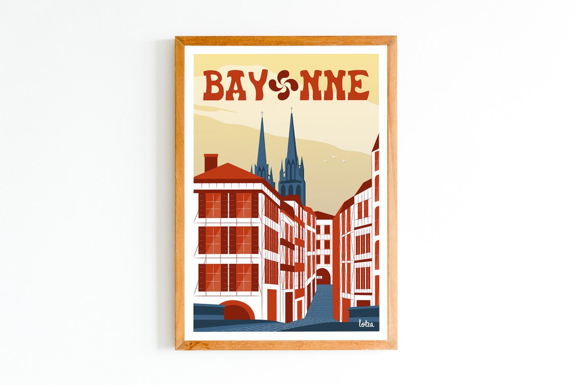 Bayonne Basque Country Red Shuttered Street Vintage Travel Poster
