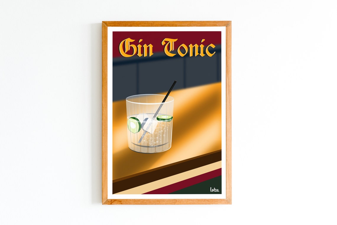 Gin Tonic Cocktail Glass Illustration Retro Bar Decor Poster