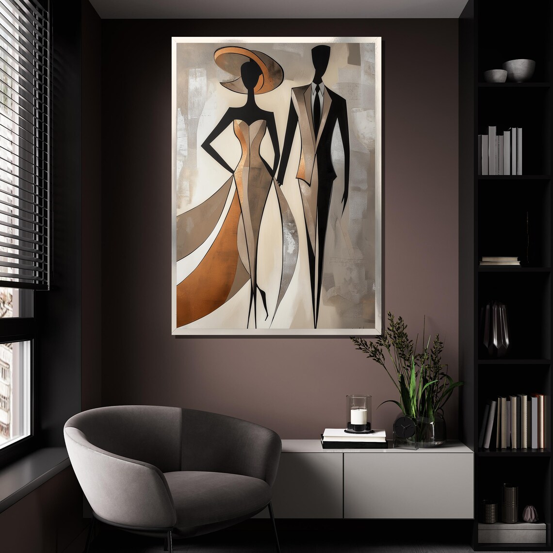 Elegant Minimalist Couple Silhouette Art Deco Gold Beige Wall Poster - Image 4