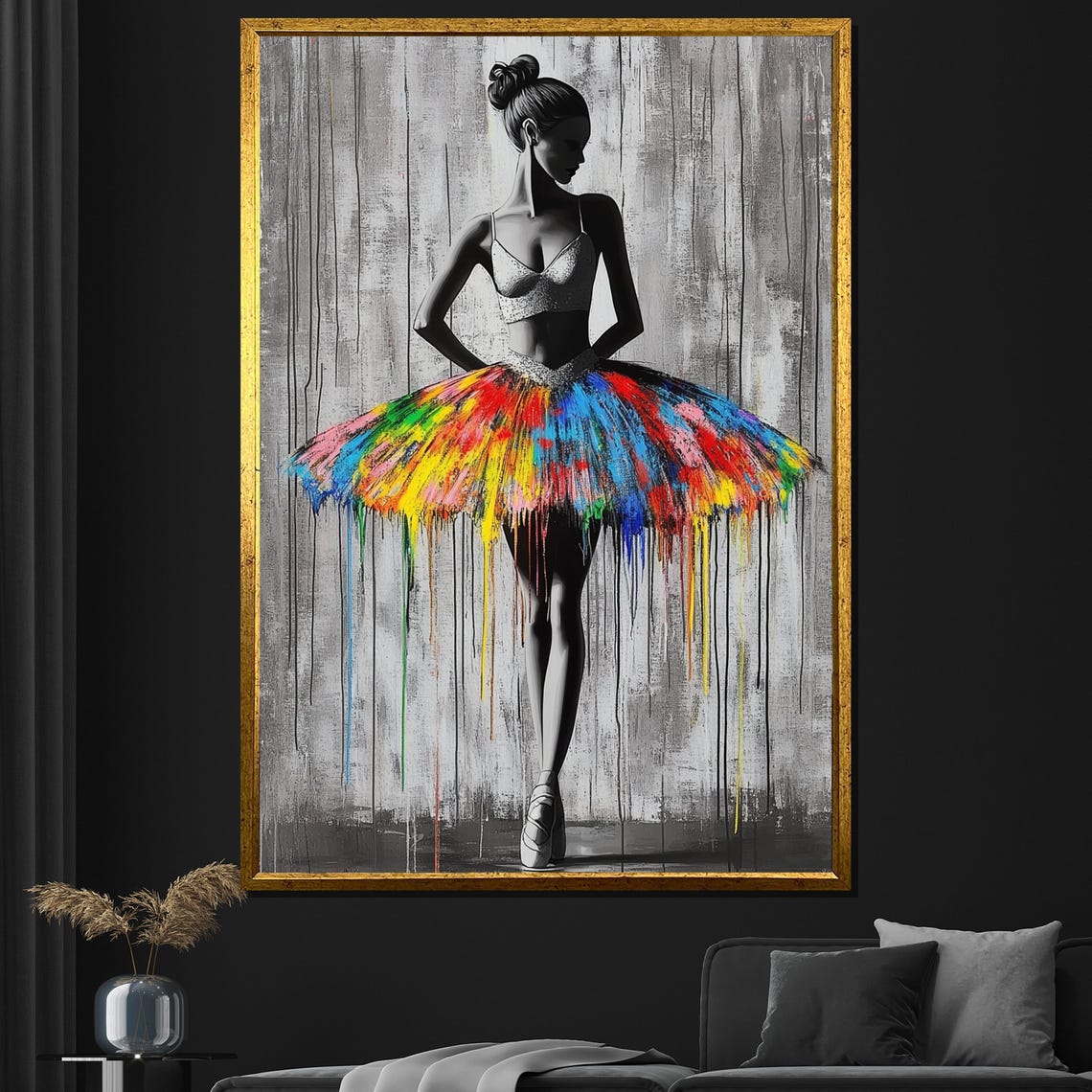 Ballerina Silhouette Rainbow Paint Drip Tutu Elegant Monochrome Poster