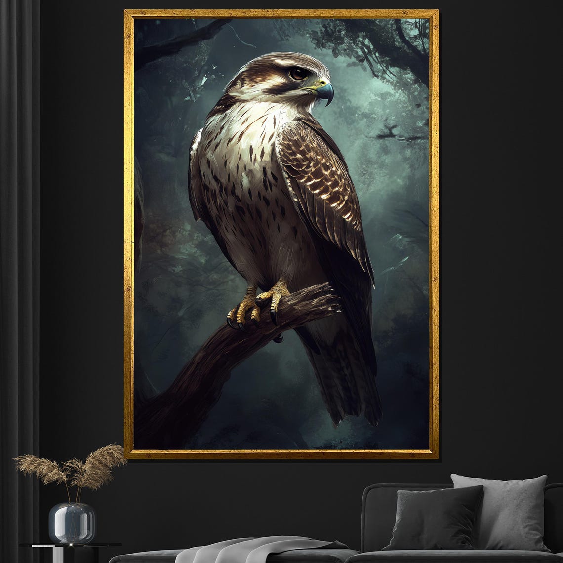 Majestic Hawk Perched On Branch In Misty Dark Forest Painting Poster