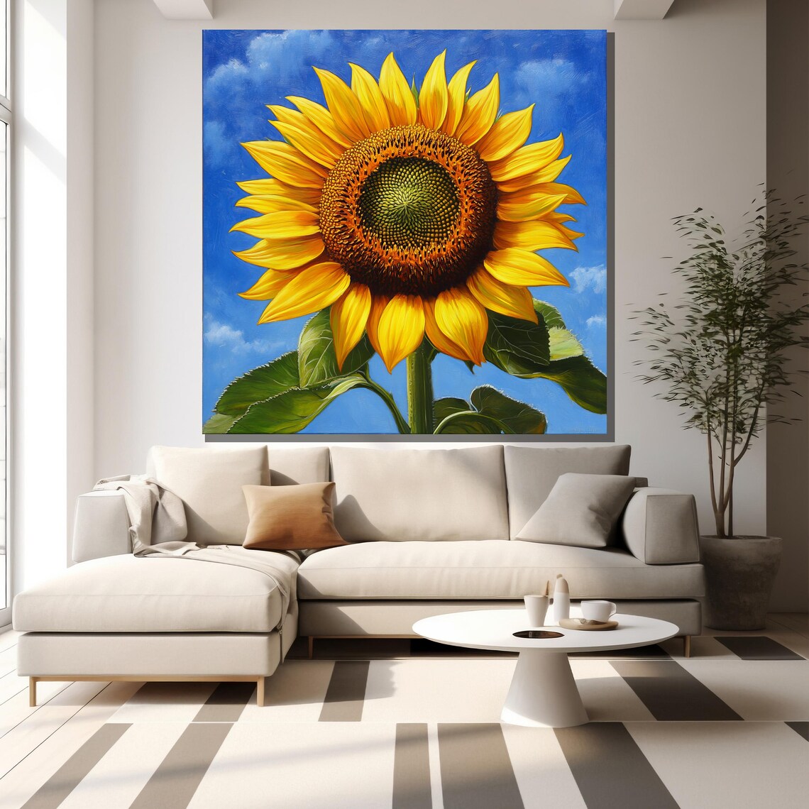 Vibrant Sunflower Blue Sky Close Up Painting Cheerful Floral Wall Art - Image 2